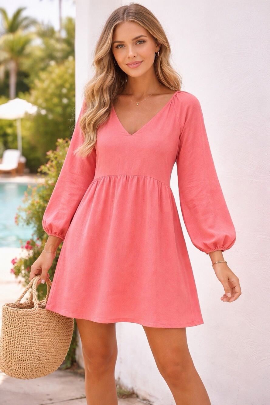 Nine Britton Dress NWT Coral Babydoll Mini Boho Cottagecore Flowy Long Sleeve M